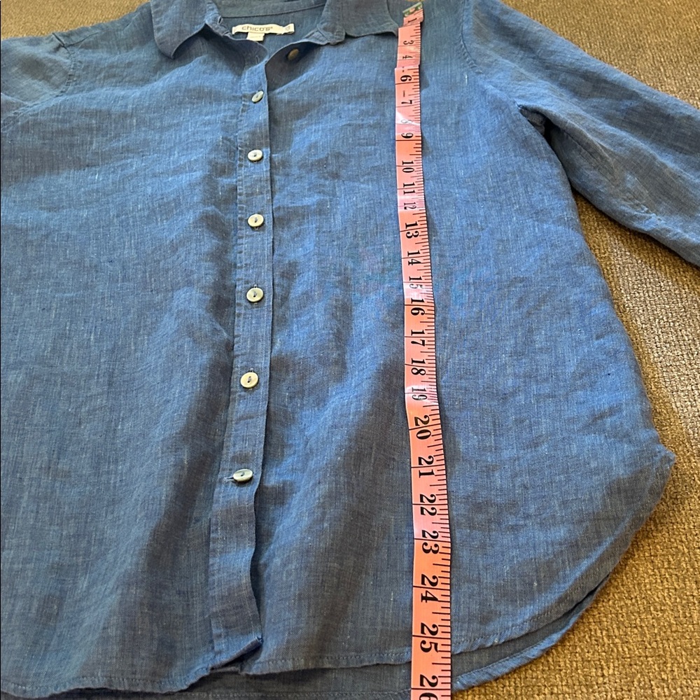 Chicos Top Womens SZ 6 Blue 100% Linen Chambray Button Front 3/4 Sleeves Casual - Picture 6 of 7